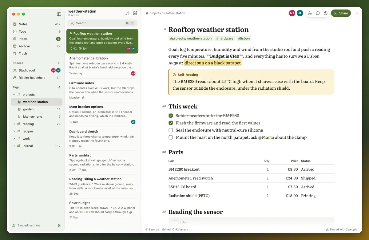 Loam for Mac: a sidebar with tags, a list of notes about a rooftop weather station, and the open note with headings, a task list and a parts table.